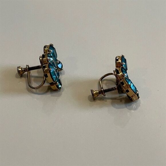 Vintage Teal Blue Rhinestone Screw Back Clip On Stud Dangle‎ Earrings - Picture 6 of 10